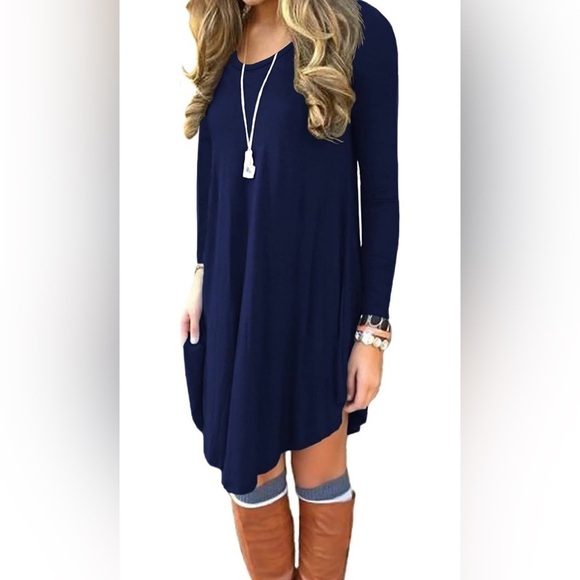 NWT Women's Long Sleeve Crewneck Navy Blue T Shirt Dress Size Medium - Picture 1 of 2